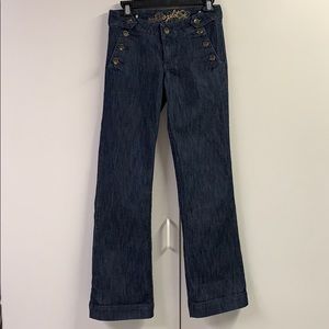 Split wide leg denim jean with side buttons